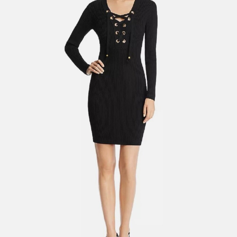 Michael Kors Black Ribbed Lace Up V-Neck Sweater Dress NWT Size M